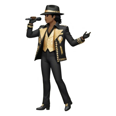 Create a dynamic and stylish emoji representing pop vocal performance with a vintage stage microphone as the central element, surrounded by iconic elements of Michael Jackson’s stage presence. Include a silhouette of his famous glittering jacket or sequined gloves, paired with the microphone to evoke his unique style. Add dramatic musical notes swirling around the microphone and jacket to symbolize the energy and showmanship of pop vocals. Use bold colors like gold, black, silver, and white to reflect the glamour and electrifying performance of a pop legend. The background should be transparent. sticker