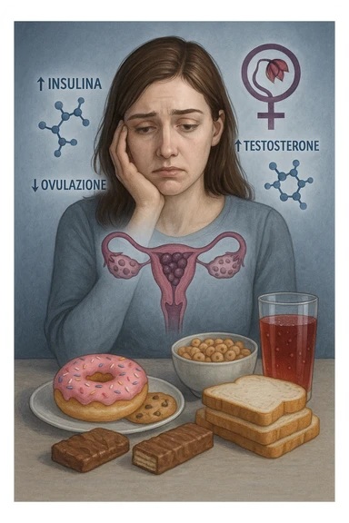 Donna tra i 25 e i 35 anni con espressione affaticata e delusa, seduta a tavola. Davanti a lei cibi ad alto indice glicemico: dolci industriali, cereali raffinati, bibite zuccherate. In trasparenza sopra il suo corpo si vedono ovaie con cisti multiple (PCOS) e un simbolo stilizzato di fertilità (utero con fiore appassito o cerchio spezzato). Attorno a lei fluttuano molecole simboliche come '↑ Insulina', '↑ Testosterone', '↓ Ovulazione'. Atmosfera triste ma educativa. Colori freddi con accenti in rosso e viola. Stile realistico con elementi visivi simbolici chiari in italiano sticker