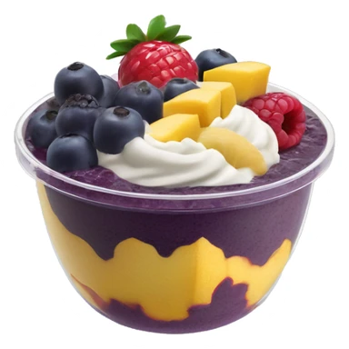 Açai bowl (made out of soft serve açai blend) in a a clear tub/cup with fruit  sticker