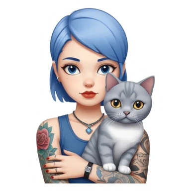 Cool girl with tattoos holding a british shorthair blue white cat sticker