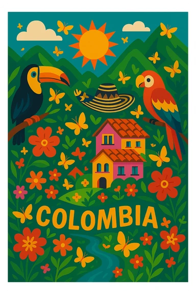Add magical yellow butterflies throughout the scene, blending them naturally with the vibrant, magical Colombian landscape in a vibrant toon style. sticker