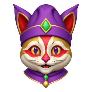 crazy colorful cute little cat jolly joker from poker, medieval, vintage, court jester, mac os icon, purple, gold and red color, half body. Squared shape as 3D mac os icon, symmetrical sticker