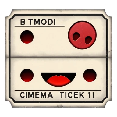 Minimalist emoji-style sticker of an old torn cinema ticket, blood-stained edges and burn holes, grayscale paper

 sticker