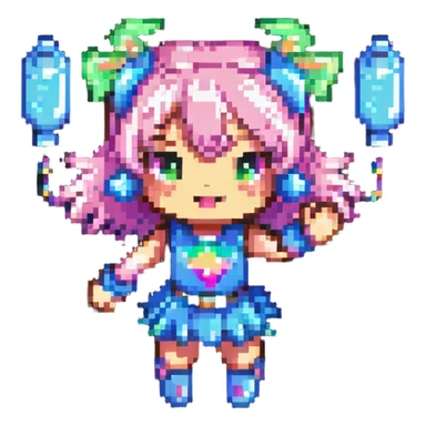 pixel art of a battery girl mascot, energetic pose, sparkles, pastel accents sticker