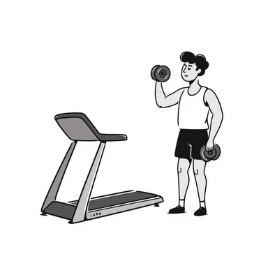 Gym equipment workout area with treadmill and weights sticker