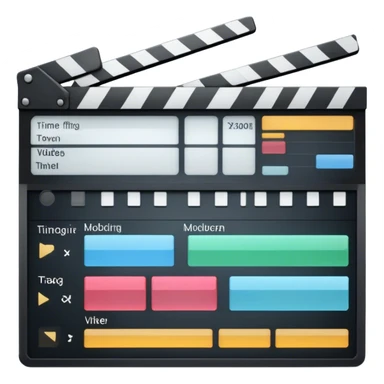 Create an emoji representing video editing. The design should feature a video editing software interface with a visible timeline, video clips, and audio tracks. Include elements like a film strip or a clapperboard to represent the filmmaking aspect. No smiley faces. Make the background transparent. sticker