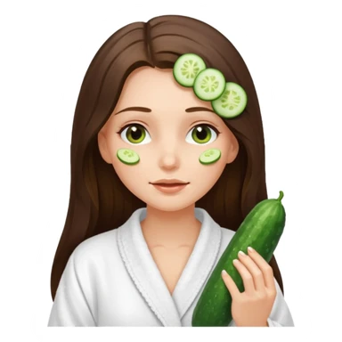 white long brunette hair girl with hazel eyes in a bathrobe with cucumber slices covering her eyes sticker
