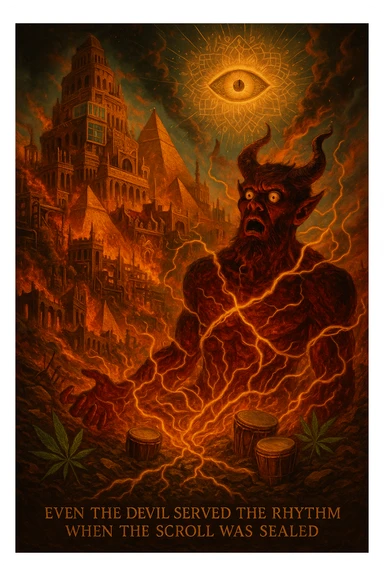 Depict a powerful, surreal vision of Babylon being destroyed — not by holy forces, but by the Devil himself, who looks shocked and possessed by fate. The city of Babylon is a massive, ancient-modern hybrid metropolis: Roman towers, golden pyramids, digital screens, oil pipes, courtrooms, and false thrones. It's a twisted symbol of colonialism, greed, religion, and algorithmic control. But now it's collapsing in flames and golden roots. The Devil is massive, fiery, and terrifying — but he's not proud. He's bound in glowing golden vines growing from the Earth, eyes wide, realizing he’s just a pawn in a higher rhythm. The sky is split open with a divine golden eye (representing Empress Riddim / Kez’s Elephant Eye), casting down sacred fractals and rhythms that rewrite the code of reality. In the rubble, ganja leaves grow, drums rise from the soil, and a whisper floats through the scene: 'Even the Devil served the rhythm when the scroll was sealed.' Use a warm, cinematic color palette with deep reds, golds, greens, and shadows. Epic, prophetic, unforgettable. sticker
