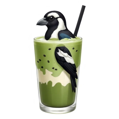  ONE Australien Magpie (just black and white feathers) sitting on an iced matcha latte on the edge of the glass. magpie has green matcha on its beak. matxha latte is in a see through glass and white from the oat milk on the bottom and green without seeds on top… one straw & ice cubes sticker