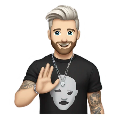 Younger white male with dark brown hair with grey highlights, a beard, and tattoos. He is wearing a diamond coated white gold necklace and a black punk band t-shirt while waving hello sticker