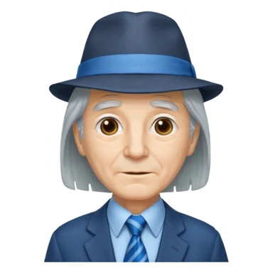 elderly long grey hair, wearing Blue Neckties and a Hat sticker