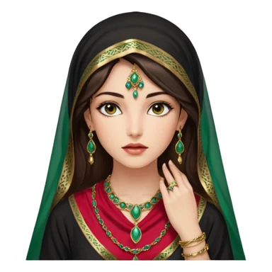 Mujer joven, morena, de gran belleza y porte misterioso.
 mirada intensa y fija; labios marcados.
 Negro, largo, suele ir cubierto parcialmente por un velo
 Ropa de inspiración árabe: túnica colorida (rojo, dorado, verde esmeralda), con detalles dorados o lentejuelas; brazaletes y pendientes. sticker