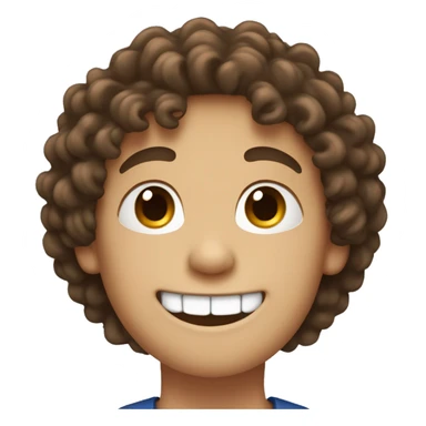 a white boy smiling with puffy brown curly hair and a mole by his mouth sticker