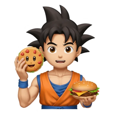 Goku holding a patty in his hands, expressive emoji style sticker