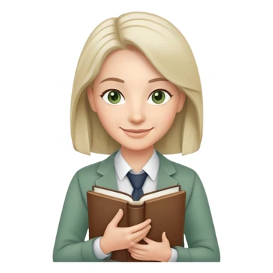 smiling English teacher with airtouch hair and grey-green eyes holding books and teaching materials sticker