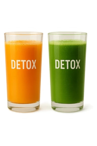 DUE BICCHIERI DI SUCCO DI FRUTTA, UNO ARANCIONE E UNO VERDE, CON LA SCRITTA DETOX SUL BICCHIERE,  realistici sticker