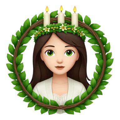  saint lucia with dark brown hair with a white gown and a wreath made from greenery with candles on top of the wreath sticker
