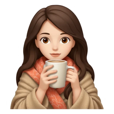 Девушка брюнетка с длинными волосами, костями глазами укутана в пушистый плед бежевого цвета и пьет кофе. Картинка должна были в цветах: бежевый, коралловый и коричневый sticker