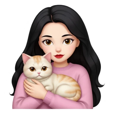 Beautiful Girl Long Hair black, Brows Big , Skin White, Sweater Pale Pink , Big Red Lips, Eyes marron , Hug Little baby Persa Cream Cat With Cute Eyes sticker