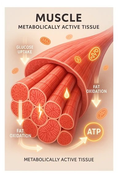a highly detailed cross-section of human skeletal muscle fibers, shown in vibrant red and pink tones, with visible striations and realistic texture. Glowing arrows and animated icons represent active metabolic processes—such as glucose uptake, fat oxidation, and ATP production—occurring within the muscle tissue. Surrounding the muscle, floating symbols for mitochondria and energy highlight its metabolic activity. The background is clean and clinical, with subtle labels and infographics explaining that muscle is a metabolically active tissue. The overall style is modern, scientific, and visually engaging, suitable for educational or medical use. sticker