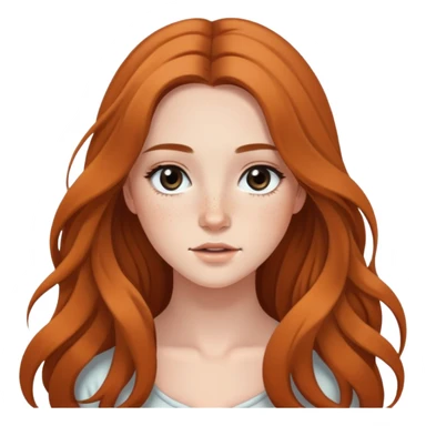young woman with flowing long hair, dark black eyes, natural makeup, and cute freckles sticker