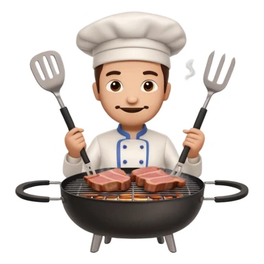 A 3D cartoon cook flipping meat on a grill with tongs, gentle smoke effect, Memoji-style lighting. sticker
