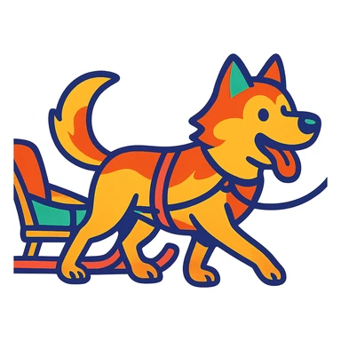 a dog attached to a sled by a rope, pulling, colorful cartoon style sticker