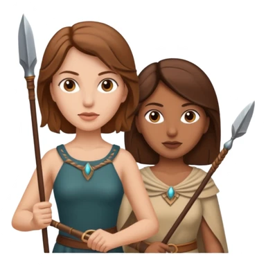 white woman with brown hair and brown woman with brown hair both holding spears sticker