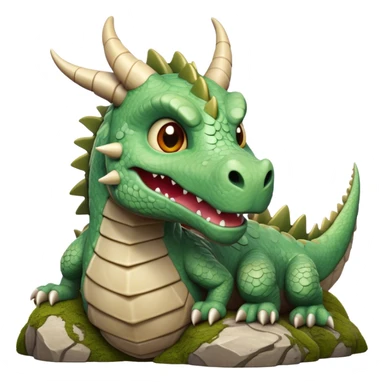 Cinematic Cute Giant Rock Dragon Portrait Emoji, Head tilted playfully and inquisitively, showcasing a robust, stone-carved body with intricately detailed, craggy textures in natural earthen tones accented by soft hints of moss, and a surprisingly gentle, endearing expression; rendered with lifelike clarity and warm, natural light, high shine, mighty yet endearing, styled with a touch of ancient, stony whimsy, soft glowing outline, capturing the essence of a mischievous stone guardian poised to rumble playfully into your embrace! sticker