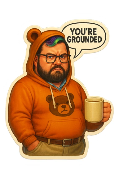 A realism art illustration art style of a plus-sizes man with purple to green ombre streak, black beard, blue eye, glasses, wearing a bear hoodie with ears,  dressed like a dad, holding a coffee mug, You’re grounded speech bubble, frowning  sticker