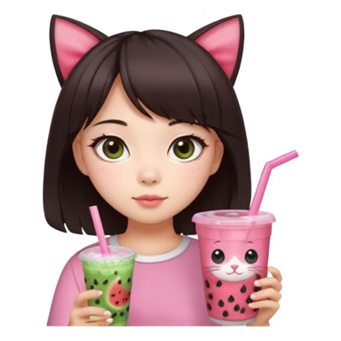 Pale asian girl with cat eyes big pupils with dark brown hair side bangs t the left and layered hair towards the inside with pink bow on hair and pink outfit holding a watermelon bubble tea sticker
