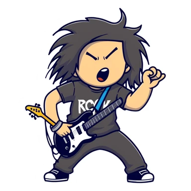 A metalhead headbanging with long hair, wearing a rock band t-shirt, excited expression sticker