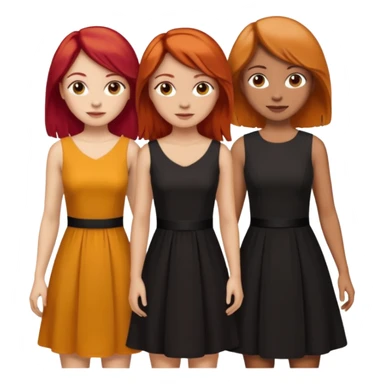 Can you create an image of 3 friends together one with red bright hair light skin one the other with brown hair with some blonde highlights in the hair fair skin the last one with light brown a tint of orange hair and black long hair with brown with dresses dark hair on one of the girls  sticker