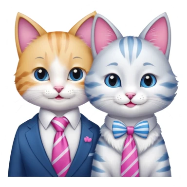 happy girl cat with bow and eyelashes wearing a bright necktie next to happy boy cat wearing a striped necktie, both cats smiling together sticker