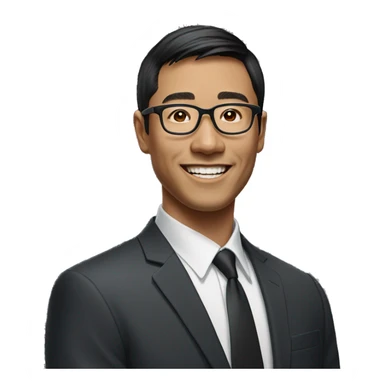 asian man black medium length bang hair smiling wearing a suit without a shirt with prescription glasses on sticker