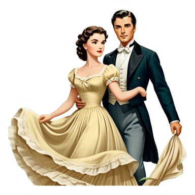 Icon for Romance Movie: A vintage movie poster-style design inspired by Gone with the Wind. Include romantic, sweeping imagery like Scarlett O'Hara in a flowing dress, Rhett Butler, a plantation backdrop, and fluttering wind-blown fabric. Soft, nostalgic cinematic feel. Transparent background. sticker