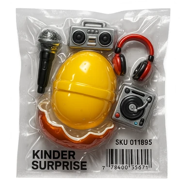Kinder Surprise egg opened, showing toys including microphone, boombox, headphones, DJ turntable, shiny and inflated vacuum-sealed style sticker