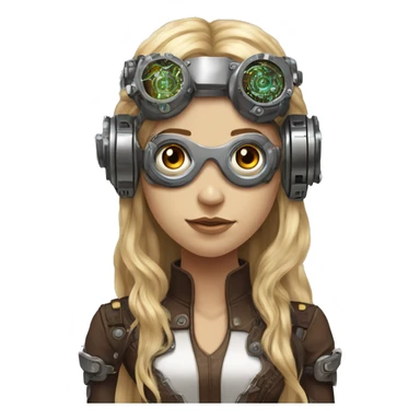 Brown long hair with blonde steaks female cyborg head, fair skin, steampunk goggles and circuits sticker