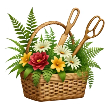 Emoji for Floristry: a bouquet of flowers in a woven basket, with reeds, ferns and floral arranging tools nearby, like scissors and a flower stem. The icon should represent creativity in flower design and arranging. Transparent background. sticker