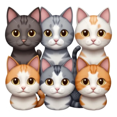 5 different coloured short haired cats including; a dark brown and white cat, and a dark grey and white, and a calico sticker