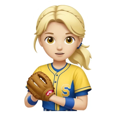 Blonde softball player wearing blue and yellow pitching softball sticker