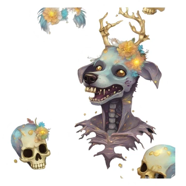 iridescent kintsugi fluffy zombie black brown gold dog fox head zombie skeleton gold mechanical nebula galaxy stars colorful flowers fairy lights vintage zombie sticker