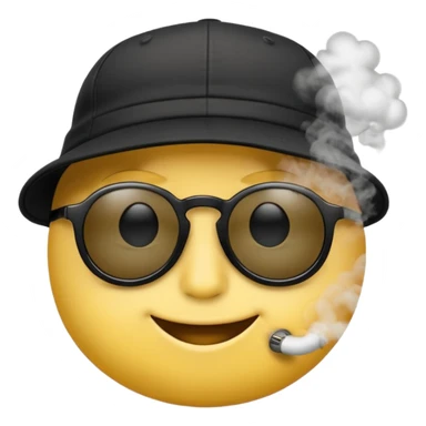 A high-res yellow face emoji with black sunglasses and a backwards black cap, smirking with half-lidded eyes and exhaling soft gray-white smoke, with detailed shading, glossy lenses, and realistic smoke wisps. sticker