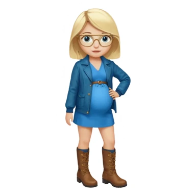 18 year-old pregnant blonde girl with golden glasses with blue eyes in a bright blue dress and a dark green jacket and brown boots sticker