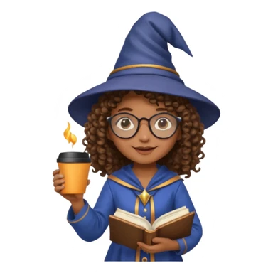 A Joyful child Female with Brown skin and Curly hair, wearing a Traditional outfit, a Wizard hat, Sunglasses, carrying a Spellbook, working as a farmer, while drinking Coffee and reading a Textbook. sticker