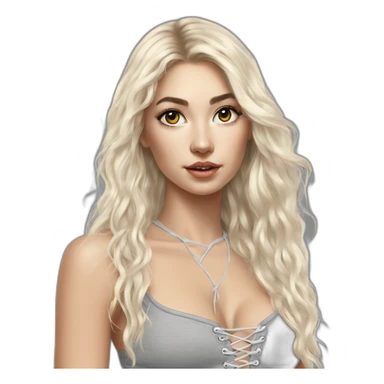 caucasian straight long haired blonde, white plush lace up crop top, tight grey mini skirt, hyperrealist drawing sticker