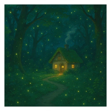 whimsical forest scene with glowing fireflies and a small cottage sticker