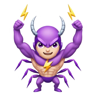 cute purple bug with confident narrowed eyes, strong flexing muscular arms, a fun happy smiling expression, and electric lightning bolt arms sticker