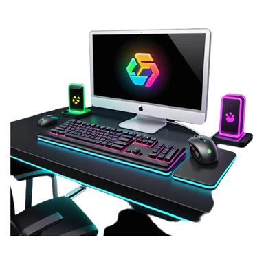 rgb gaming computer on black desk with a black keyboard and mouse sticker