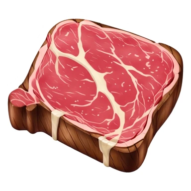 An emoji of a juicy steak or meat piece. Grilled on the outside with visible sear marks, slightly pink in the middle. Shaped like a thick cut of beef, with a small bone or marbled fat for extra detail. Rich red and brown tones to show it's freshly cooked. sticker
